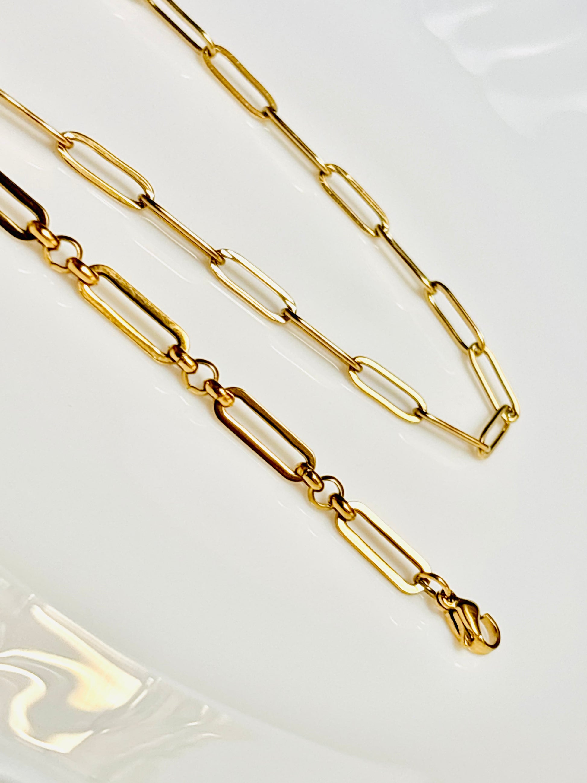 Gold chain necklace & bracelet; anti tarnish; waterproof