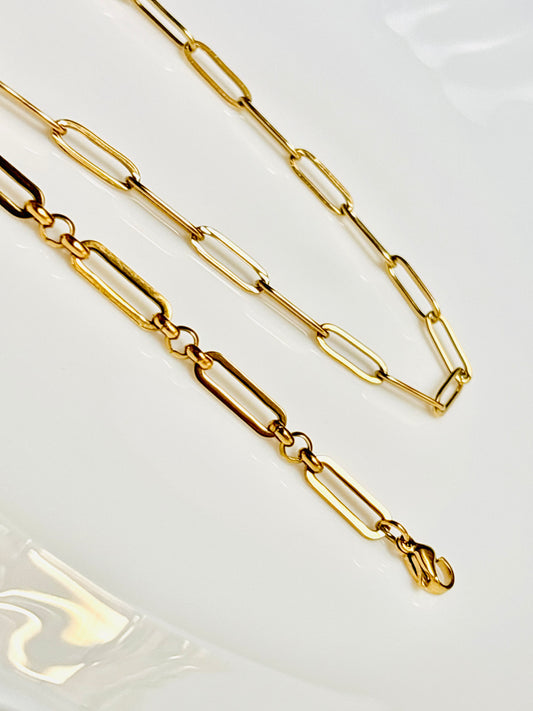 Gold chain necklace & bracelet; anti tarnish; waterproof
