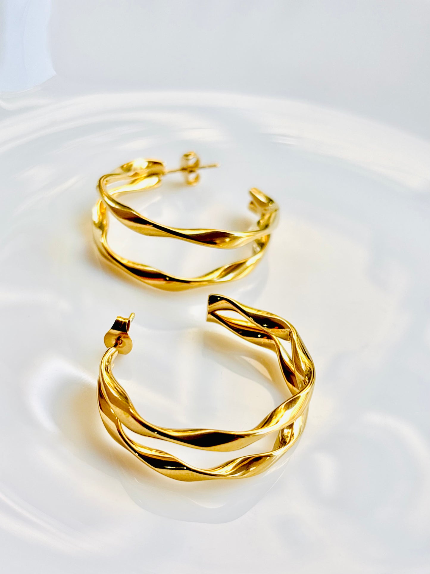Golden hoops, half hoops, studs, earrings, trendy, shiny