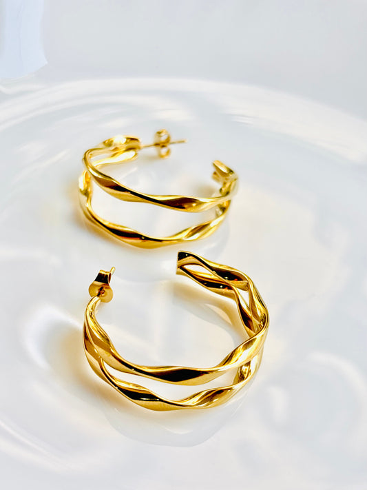 Golden hoops, half hoops, studs, earrings, trendy, shiny